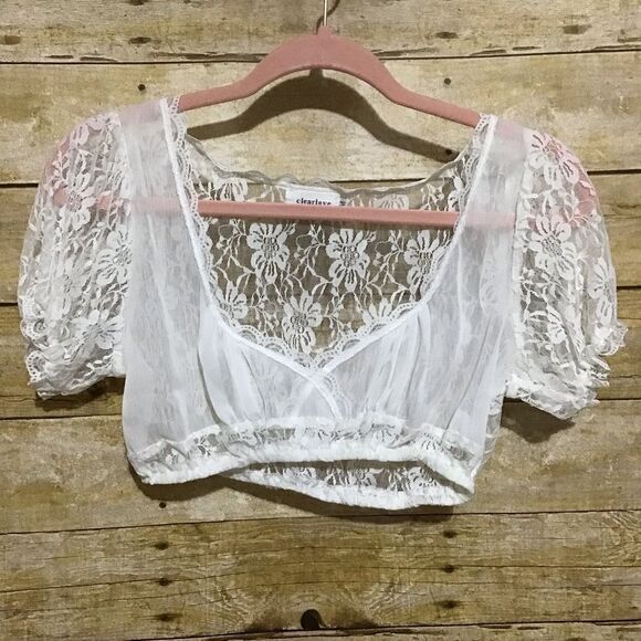 Clearlove Tops - Clearlove White Sheer Lace Crop Top M
